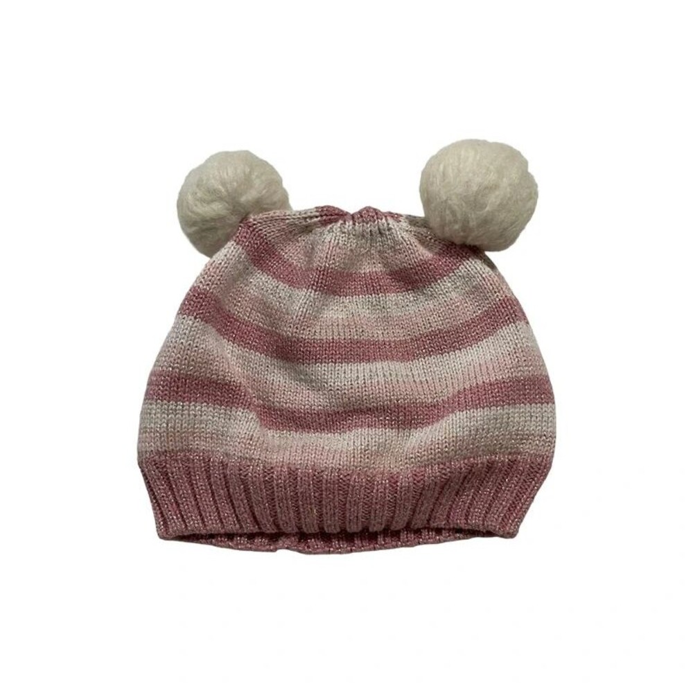Baby GAP Pink Striped Pom-Pom Beanie - Size S/M - Fleece Lined